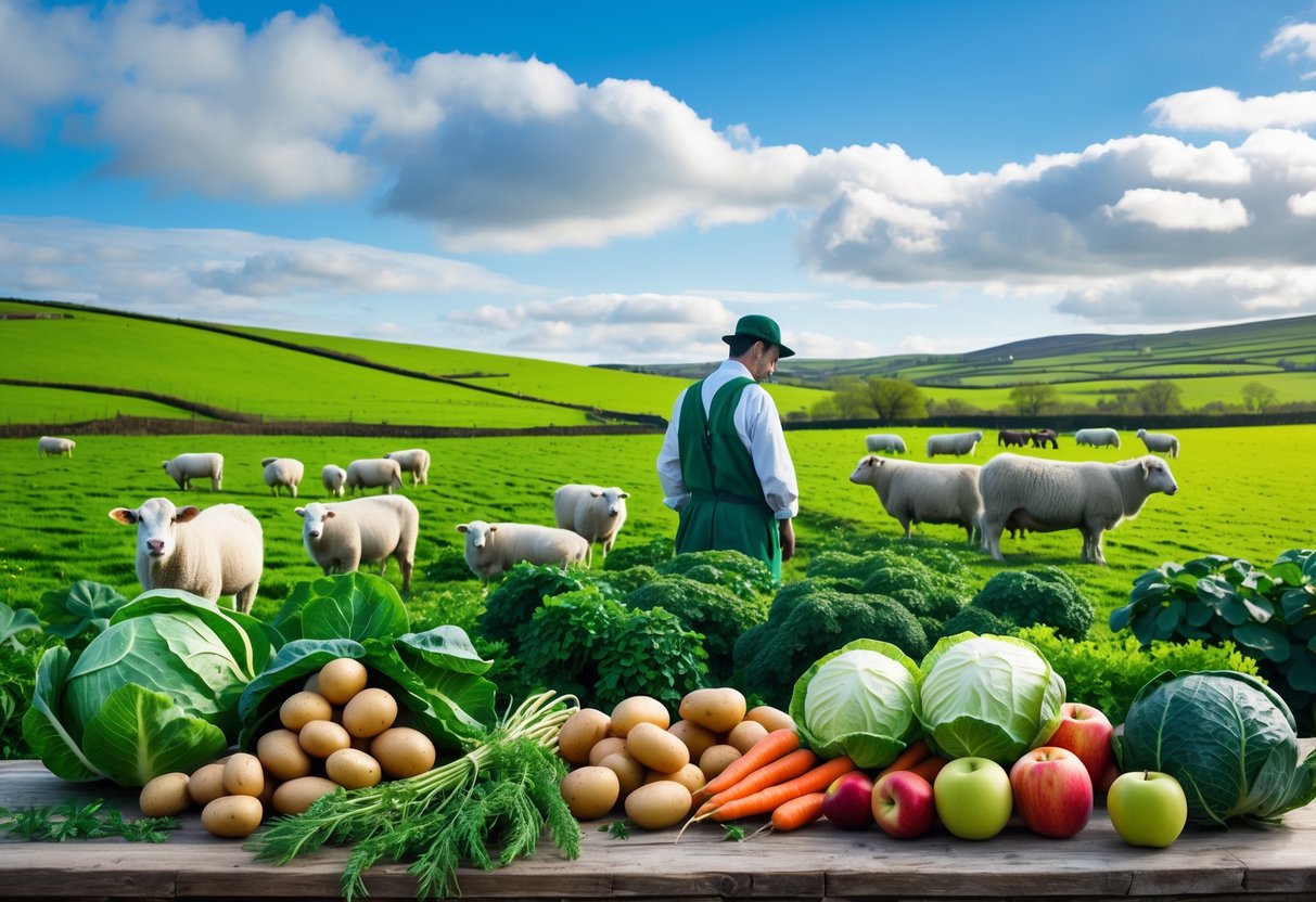 A farmer inspects crops on a green Irish farm with fresh vegetables on a wooden table and grazing sheep and cows in the background.