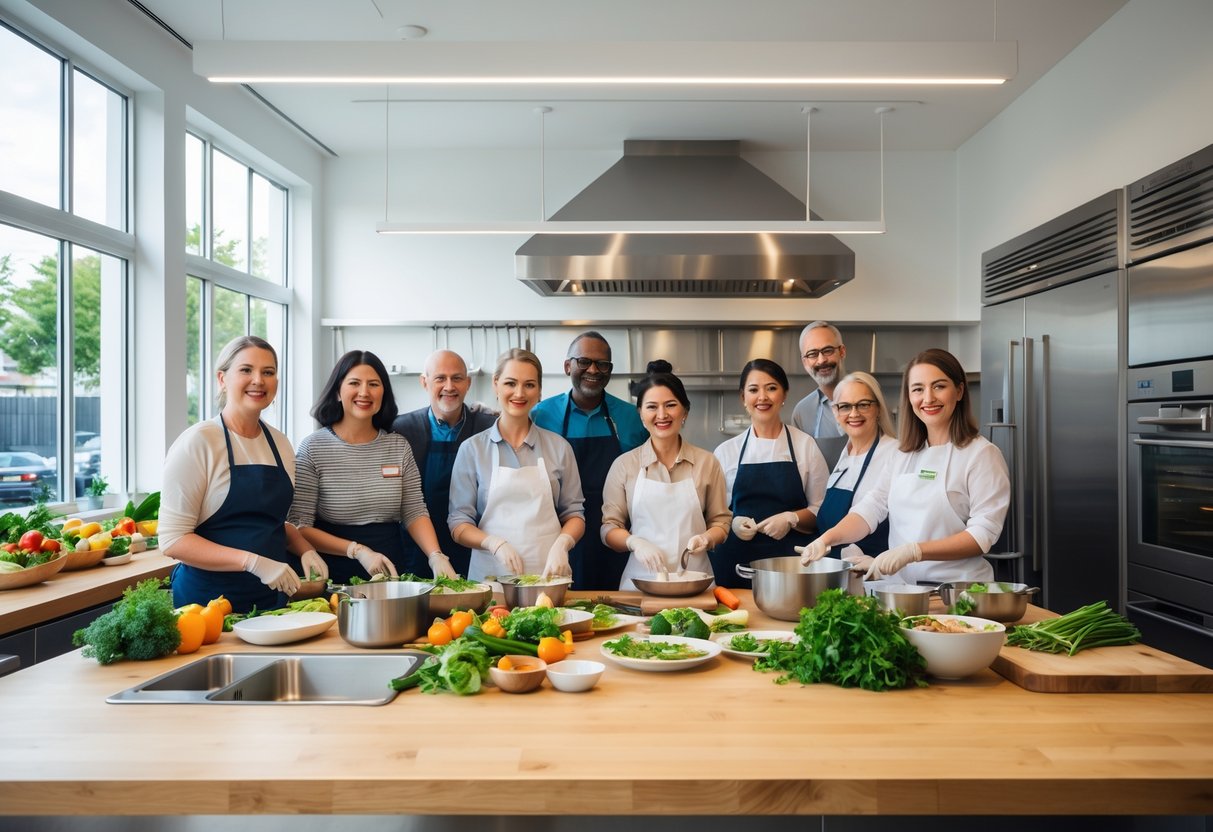 A group of diverse people cooking and working together in a bright, spacious community kitchen.