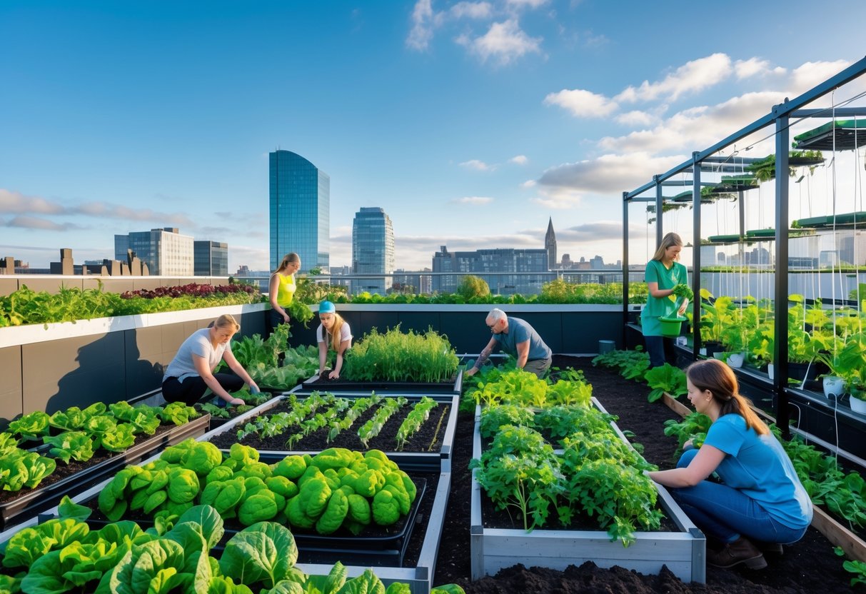 People tending to various urban farms including rooftop gardens, community plots, and vertical hydroponic plants in an Irish city setting.