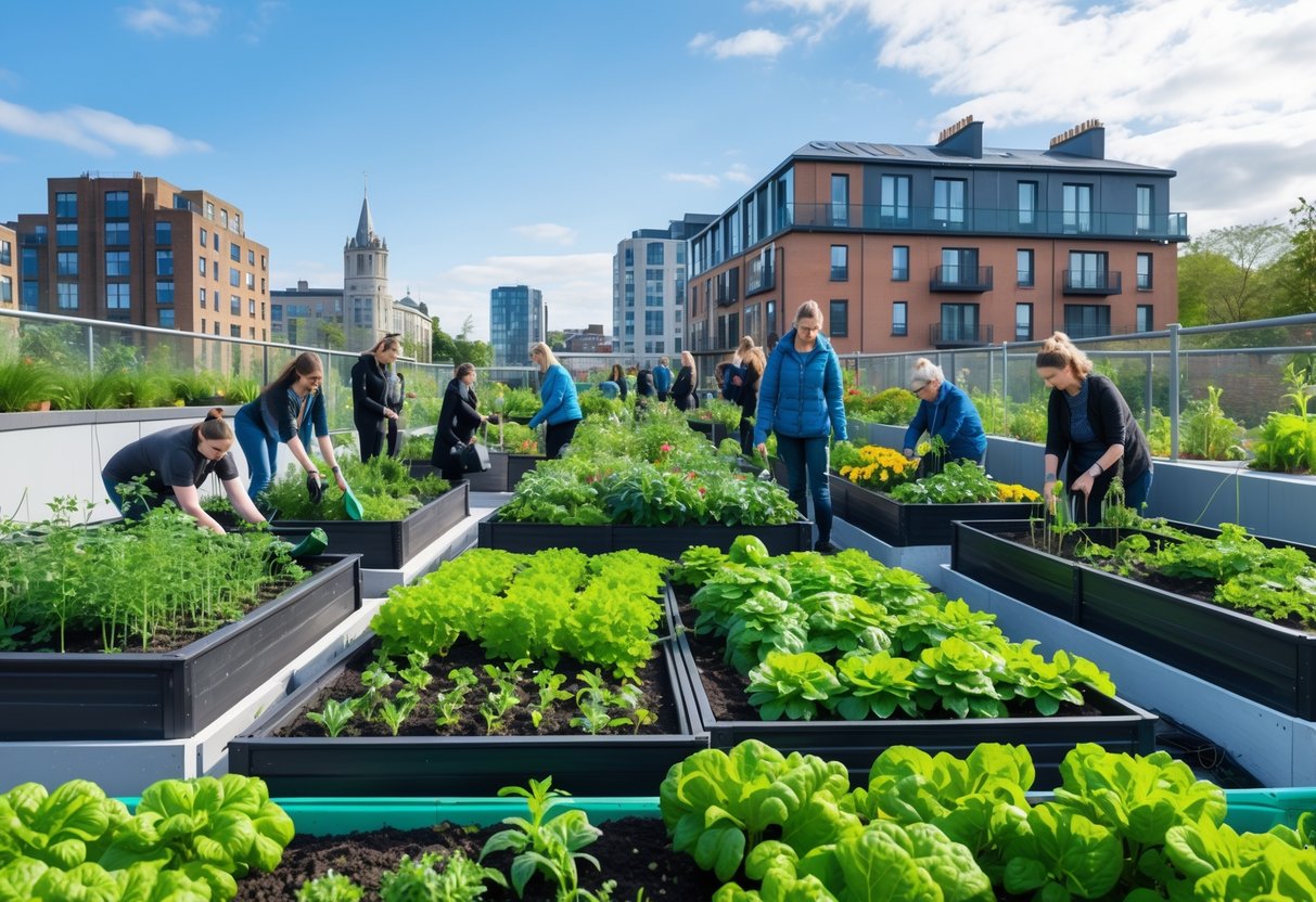 People working in rooftop and community gardens with vegetables and herbs in an urban area of Dublin, with buildings in the background.