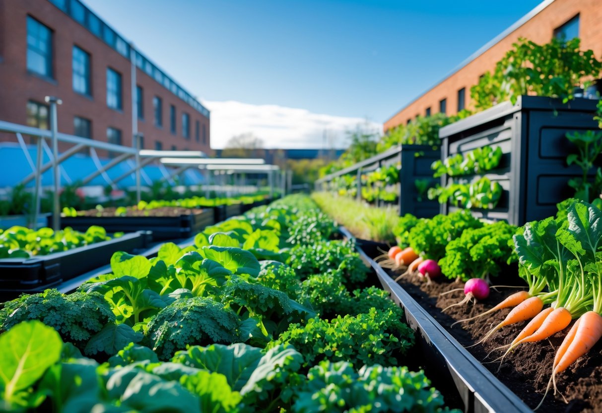An urban farm in Ireland with raised beds and vertical planters growing leafy greens and root vegetables, set against a backdrop of city buildings.