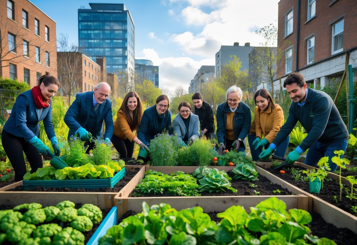 People of various ages working together in a community garden in an Irish city, planting and harvesting vegetables.