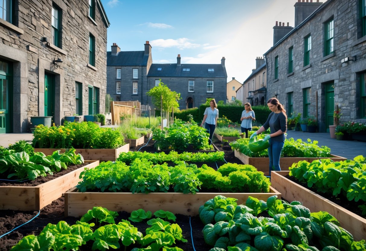 A community garden with vegetables growing in raised beds surrounded by historic stone buildings in an Irish city.