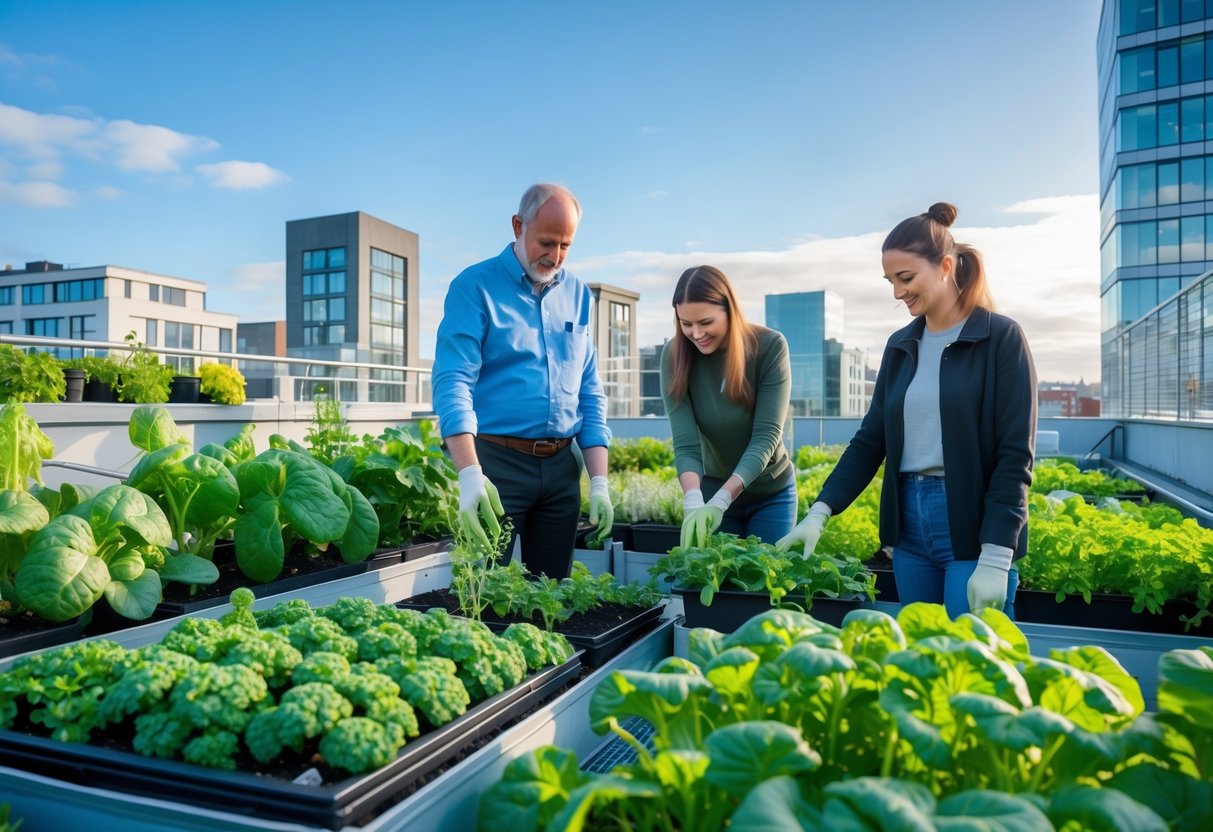 People tending to plants in a rooftop urban farm with city buildings in the background.