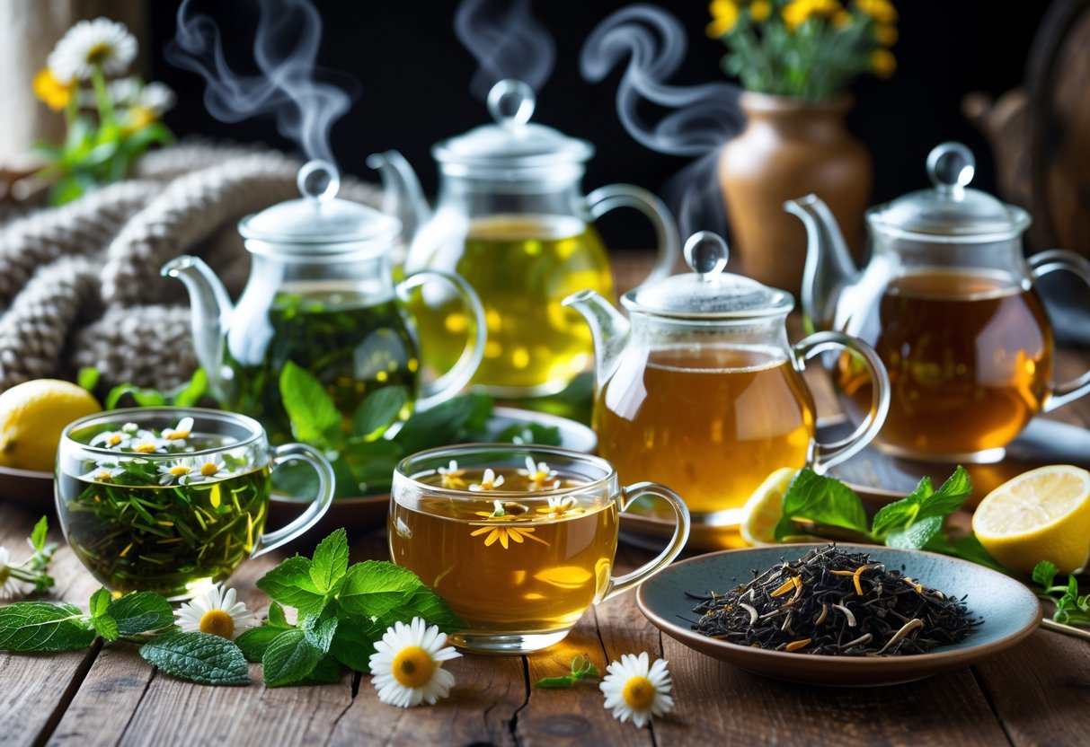 A variety of specialty teas in glass teapots and cups on a wooden table with fresh herbs and flowers around them.