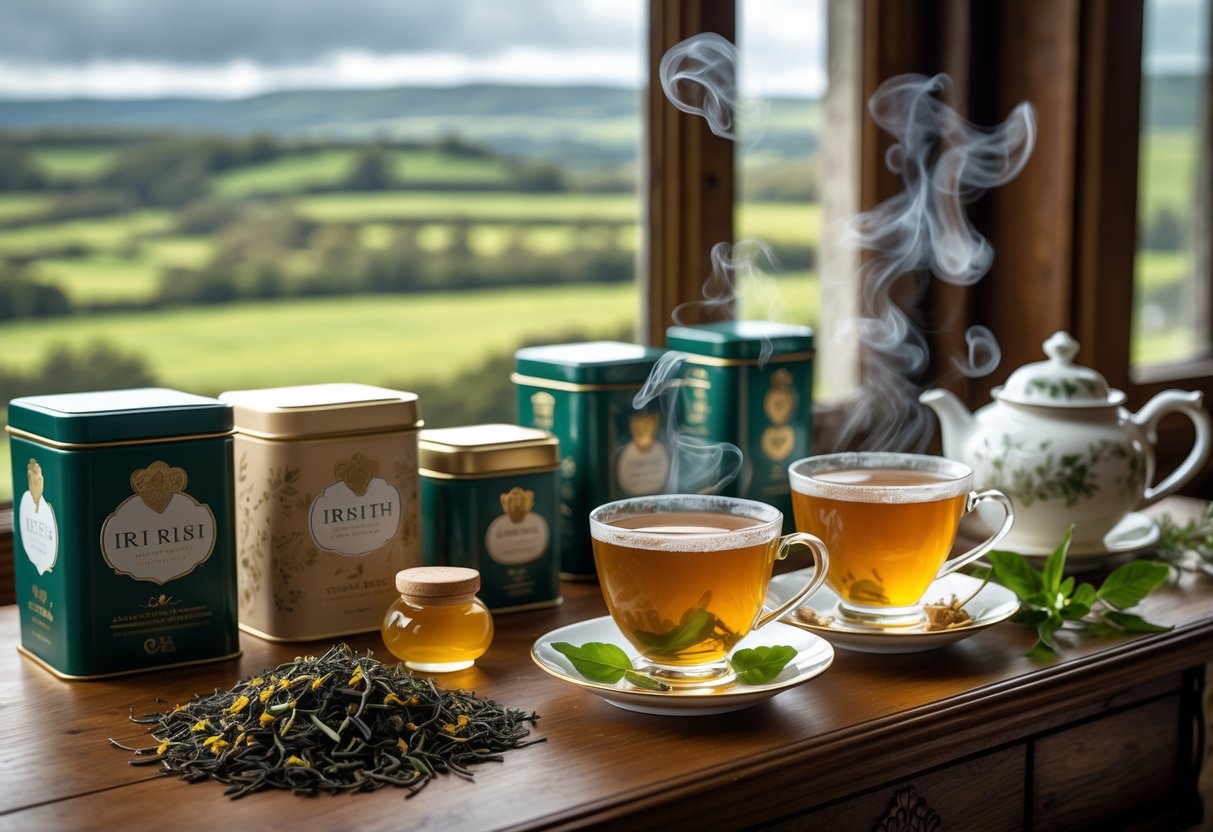 A table with various specialty Irish teas in decorative tins and porcelain teacups filled with steaming tea, with a blurred view of the Irish countryside in the background.