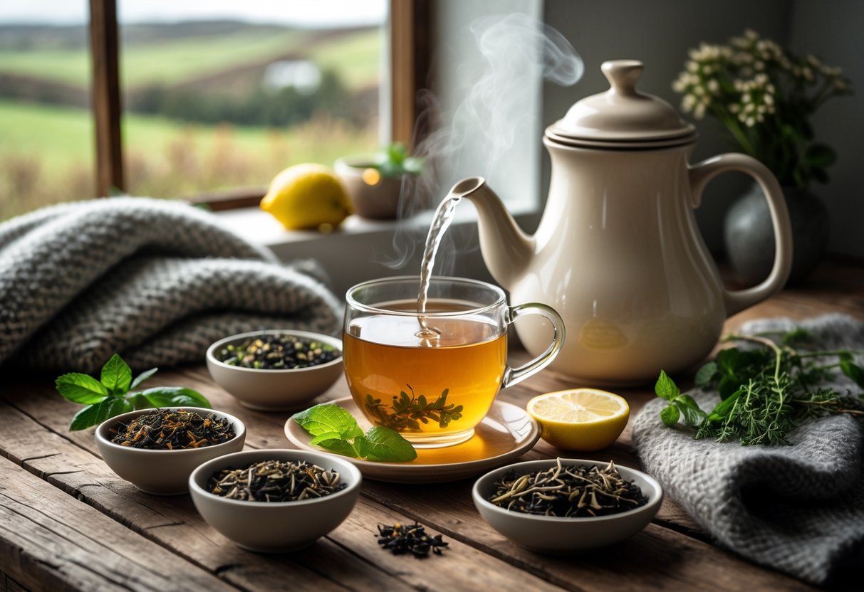 A steaming teapot with loose tea leaves, fresh herbs, and a glass cup of amber tea on a wooden table by a window overlooking the Irish countryside.