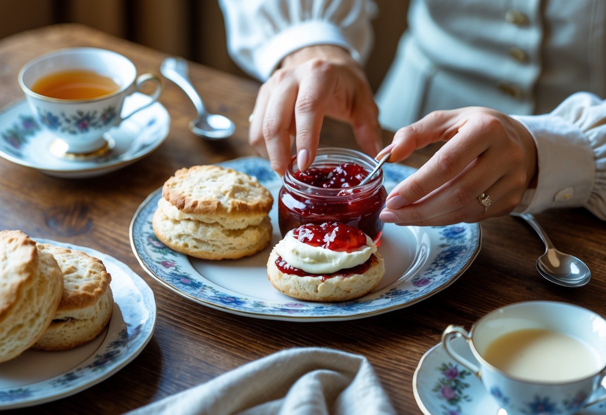 A close-up of hands spreading jam and cream on a scone at a table set with scones, jam, cream, teacups, and a spoon.