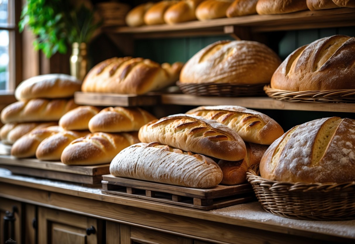 Various types of Italian breads displayed on wooden shelves inside an Irish bakery.