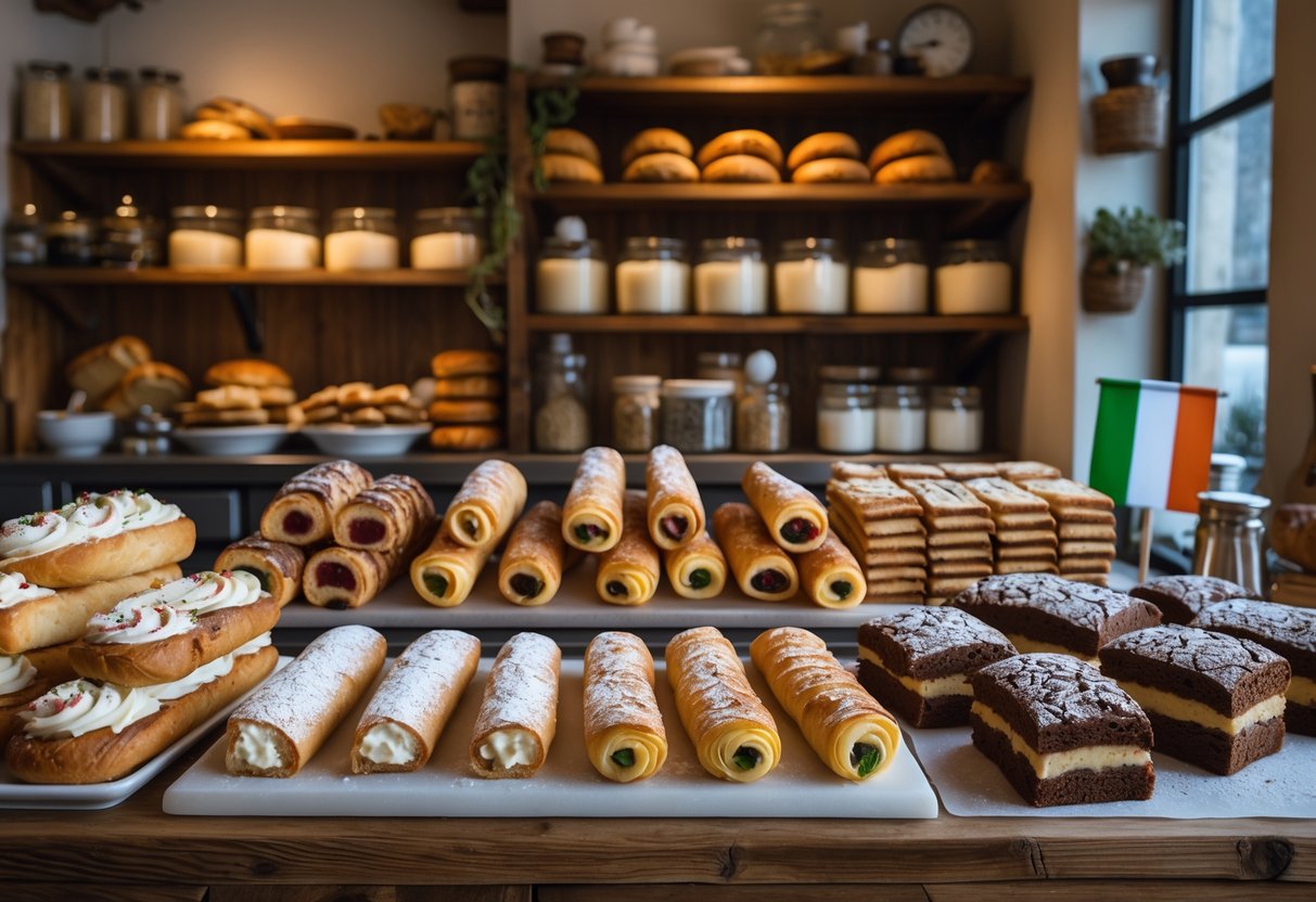 A selection of traditional Italian pastries displayed on a wooden counter inside a bakery.