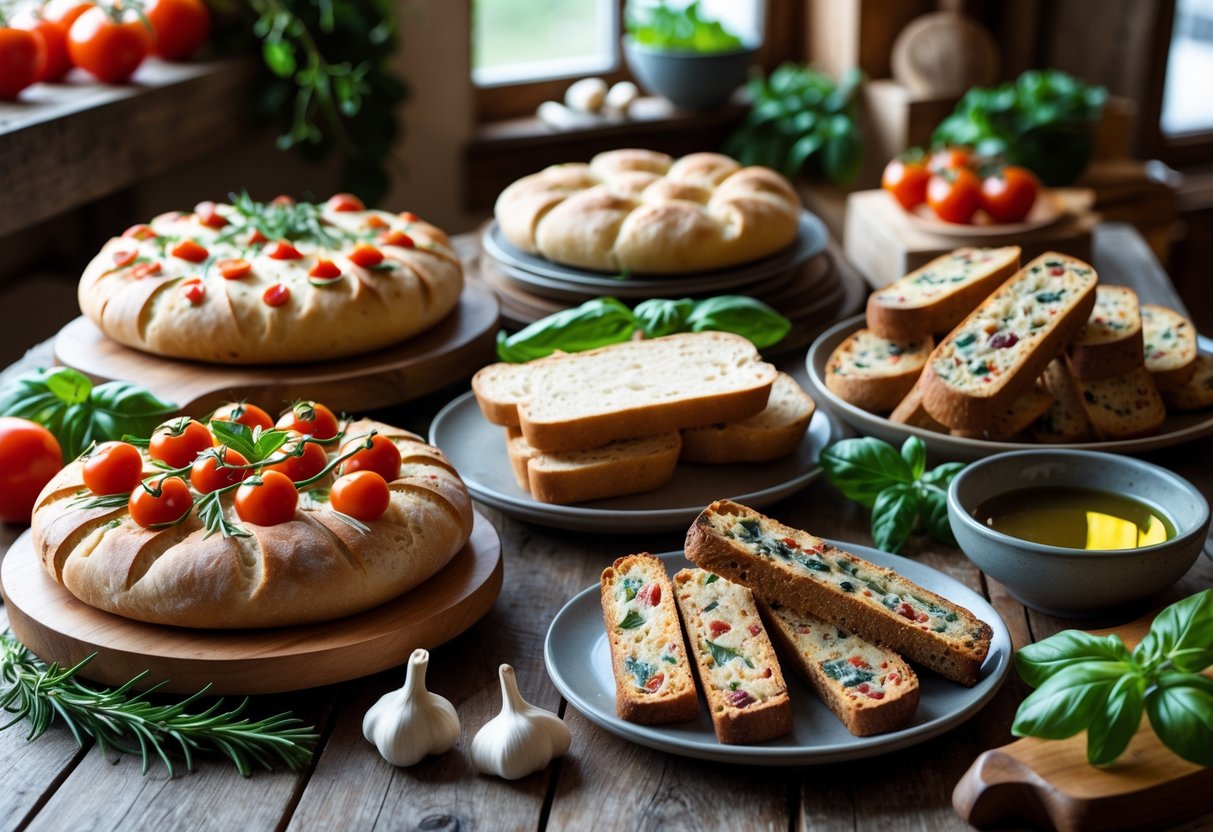 A variety of vegan and gluten-free Italian breads and biscotti displayed on a wooden table with fresh ingredients in a bakery setting.