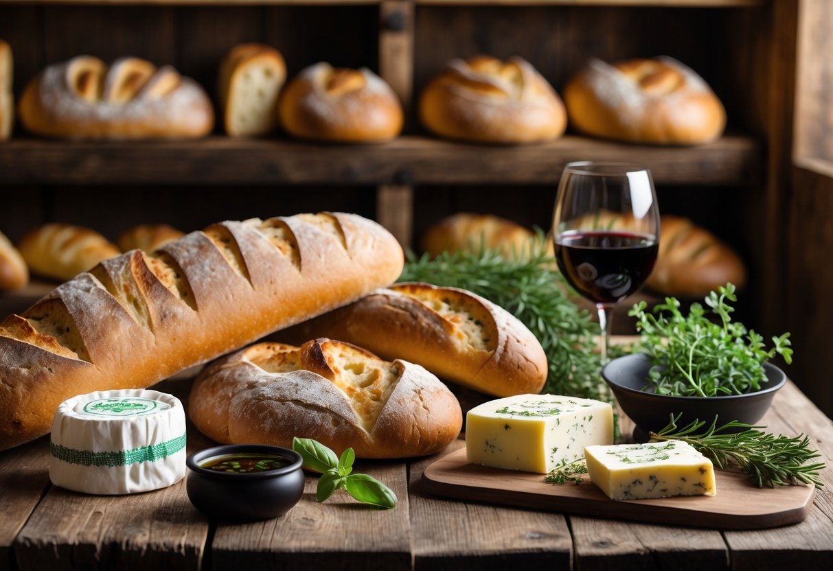 A wooden table with various Italian breads, Irish butter, cheeses, olive oil, herbs, and a glass of red wine arranged together.