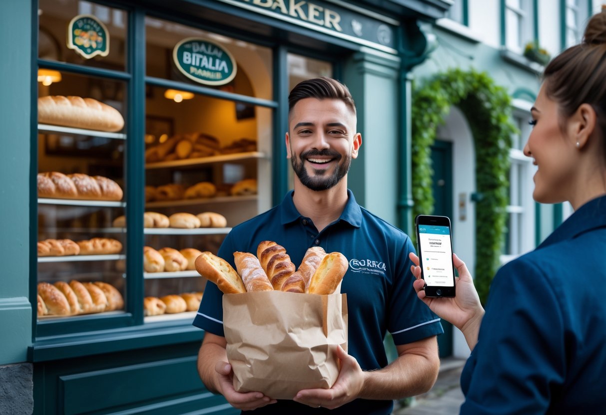 Delivery person holding a bag of Italian baked goods outside a bakery while a customer places an online order on a smartphone.