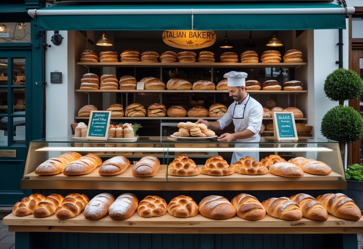 An inviting Italian bakery in Ireland with a display of fresh breads and pastries and a baker arranging goods behind the counter.
