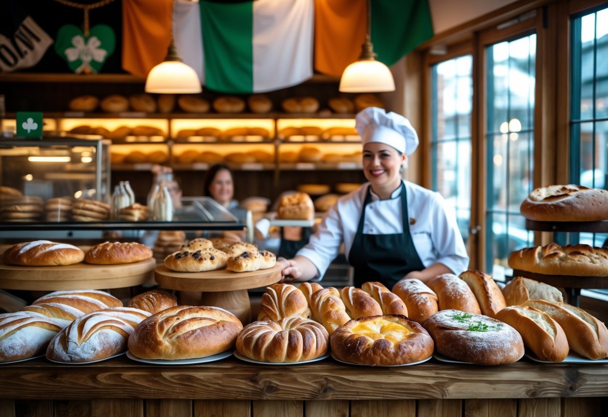 A friendly baker serving fresh Italian breads and pastries to a customer inside a cozy bakery with warm lighting and wooden shelves.