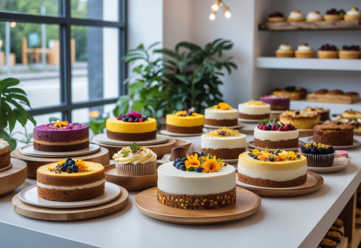 A display of various colorful vegan cakes and baked goods arranged on wooden trays in a bright bakery with natural light and green plants.