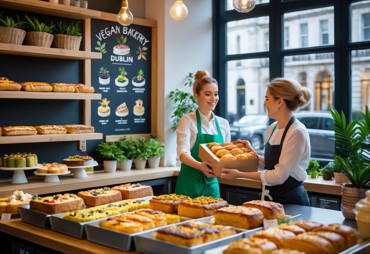 A bakery employee hands a box of vegan pastries to a customer inside a cozy bakery with shelves of fresh baked goods and a view of a street outside.