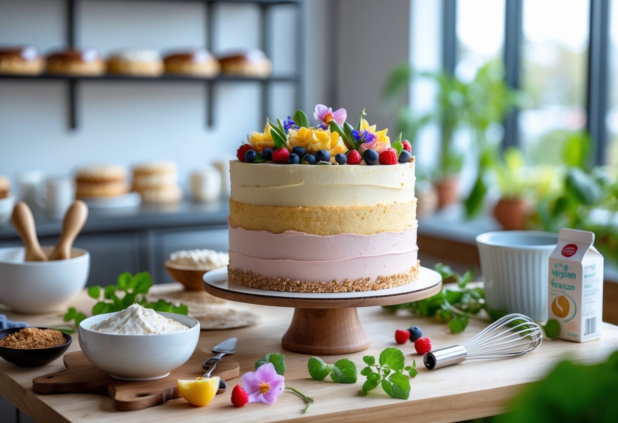 A custom decorated vegan cake with fresh fruits and flowers on a wooden table inside a bright bakery with baking tools and plants in the background.