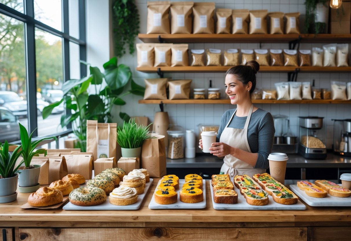 A vegan bakery in Dublin with a wooden counter displaying fresh pastries and breads, green plants, and a barista serving a customer holding a reusable cup.