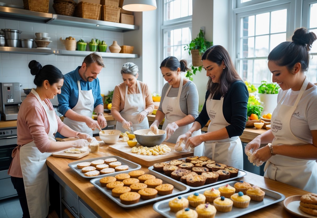 People participating in a vegan baking workshop in a bright kitchen with fresh baked goods and natural light.