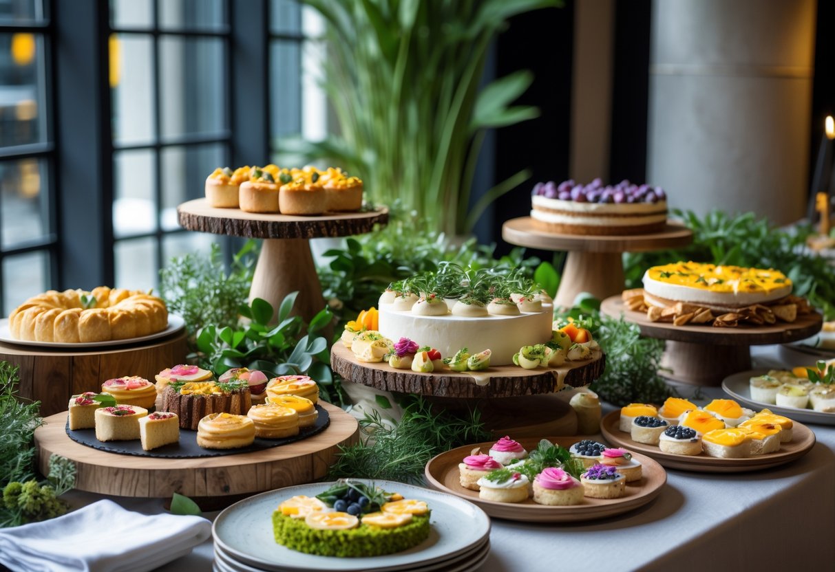 A table with a variety of colorful vegan pastries and baked goods arranged for an event in a bright, modern space.
