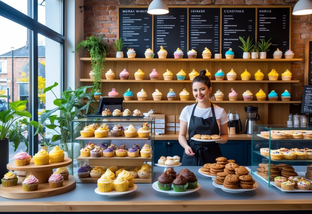 Interior of a vegan bakery with shelves of colorful vegan treats and a barista serving a customer.