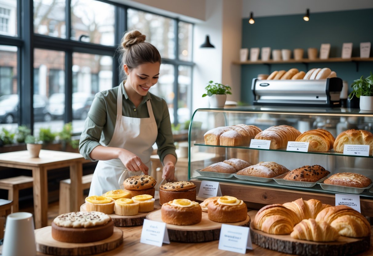 A vegan bakery interior with a baker arranging pastries on wooden shelves and tables filled with vegan breads and cakes.