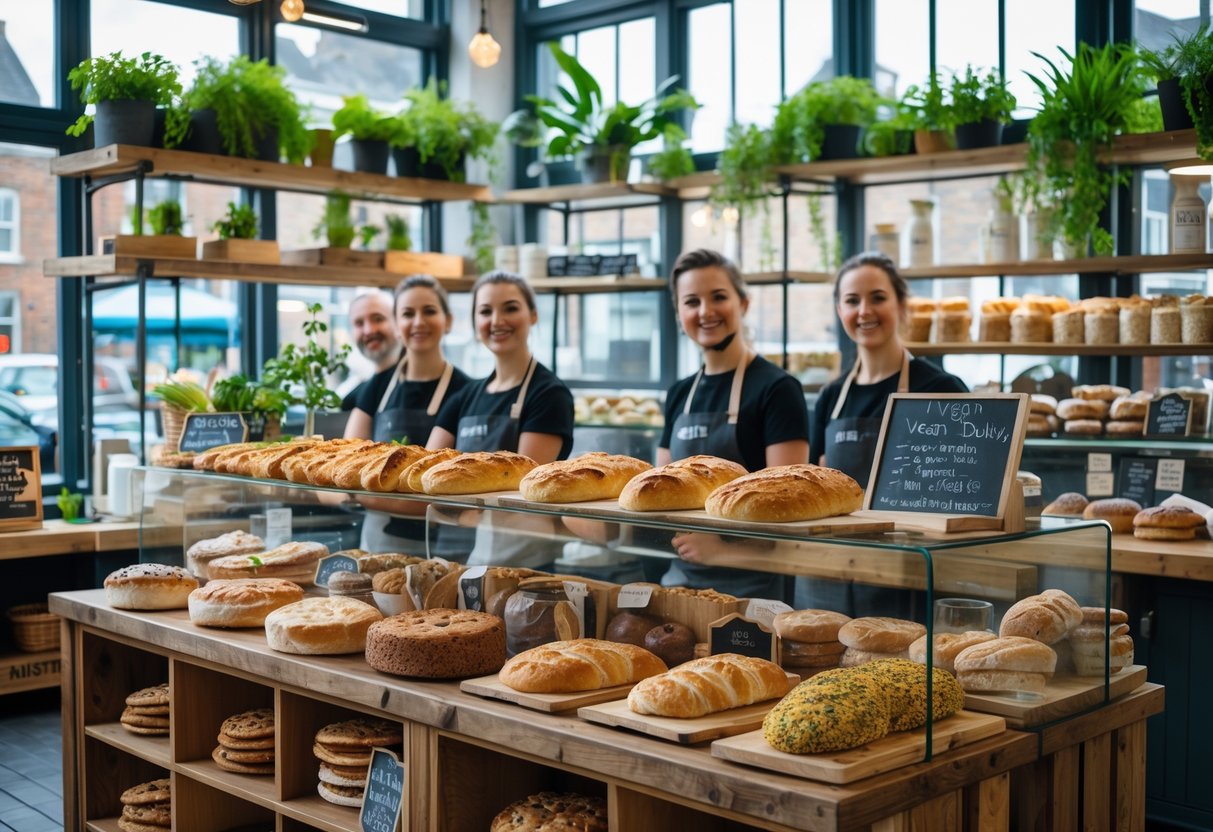 Inside a local vegan bakery in Dublin with fresh pastries on display and staff serving customers in a bright, welcoming space.