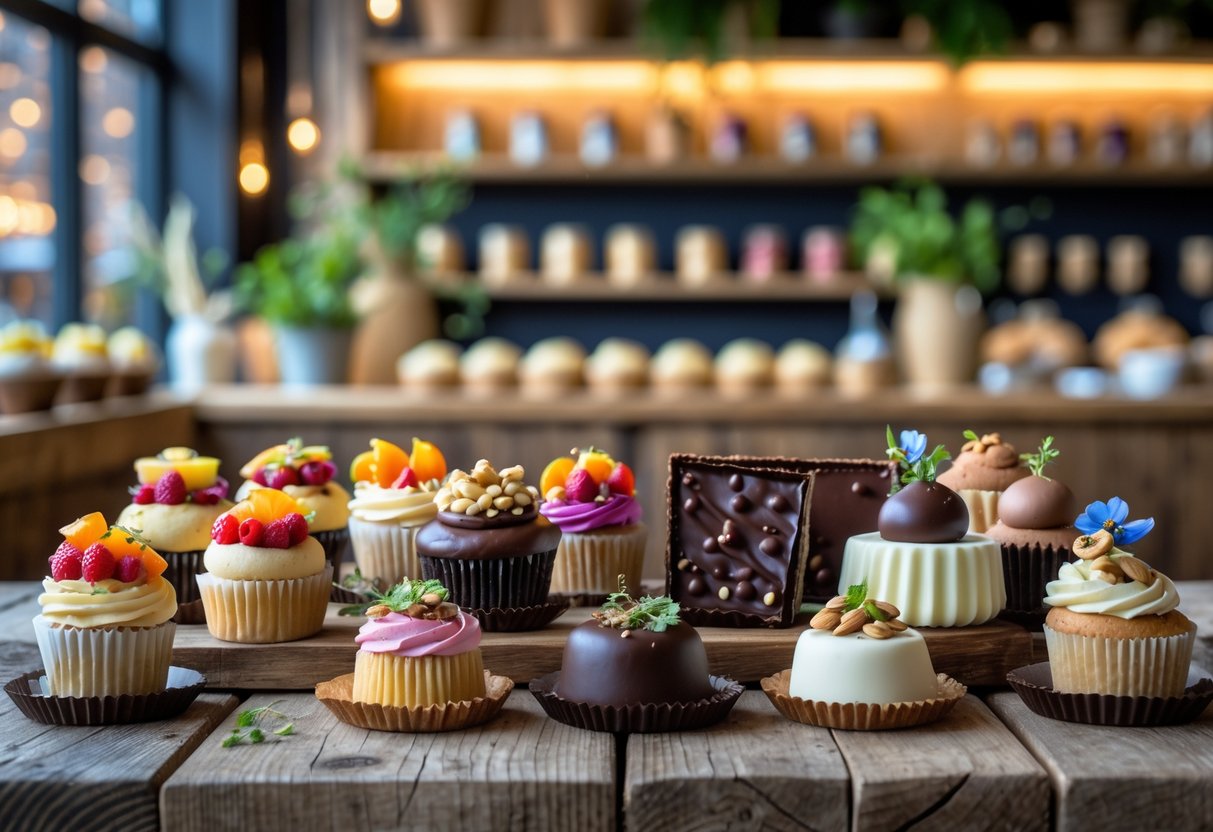 An assortment of vegan sweets, chocolates, and specialty treats displayed on a wooden table inside a cozy bakery.