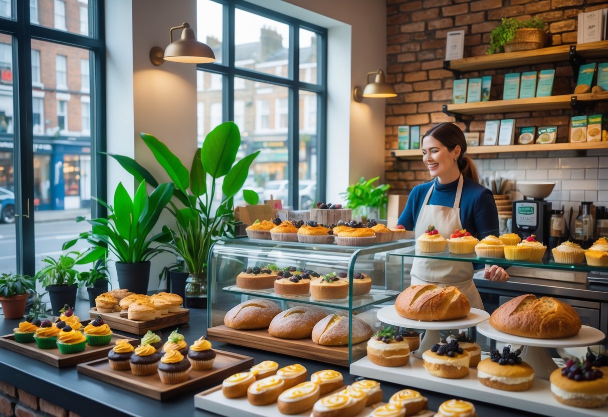 Inside a modern vegan bakery in Dublin with fresh vegan pastries on display and a barista serving a customer near large windows showing a street outside.