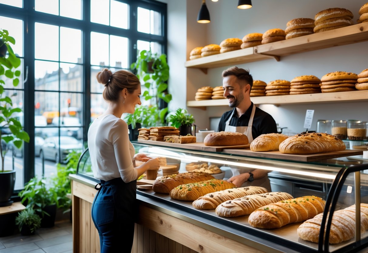 Inside a vegan bakery with pastries on display, a barista serving a customer, and plants by large windows.