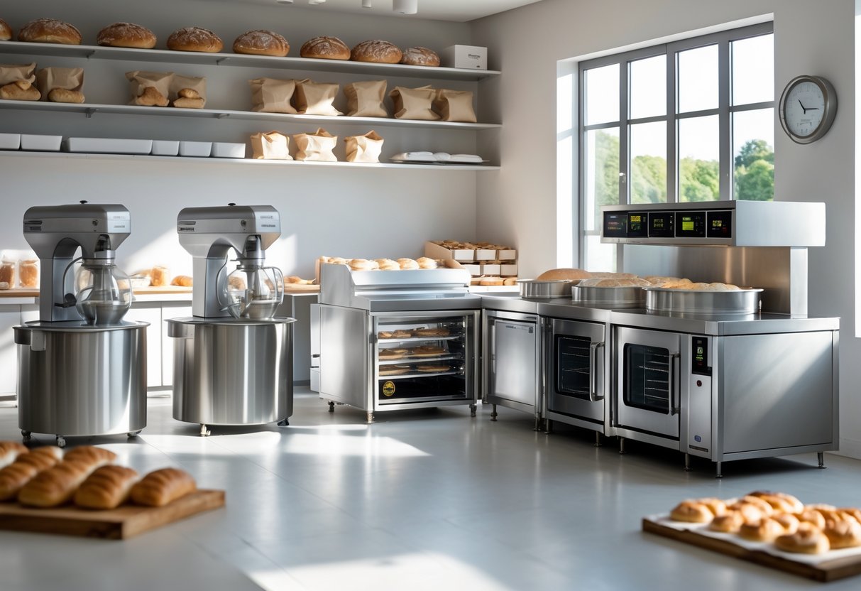 A bakery kitchen with stainless steel mixers, dough sheeters, proofing cabinets, ovens, and shelves with baking ingredients and bread.