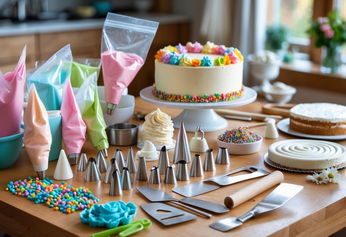 A table with cake decorating tools and materials including piping bags, tips, spatulas, and a partially decorated cake.