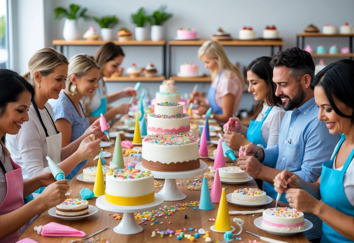 A group of adults decorating cakes together at a table with cake decorating supplies in a bright classroom.
