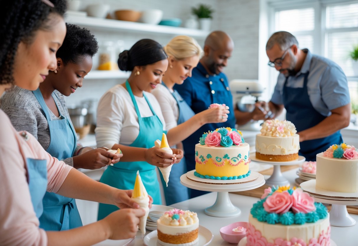A group of adults decorating cakes with colorful icing in a bright kitchen classroom.