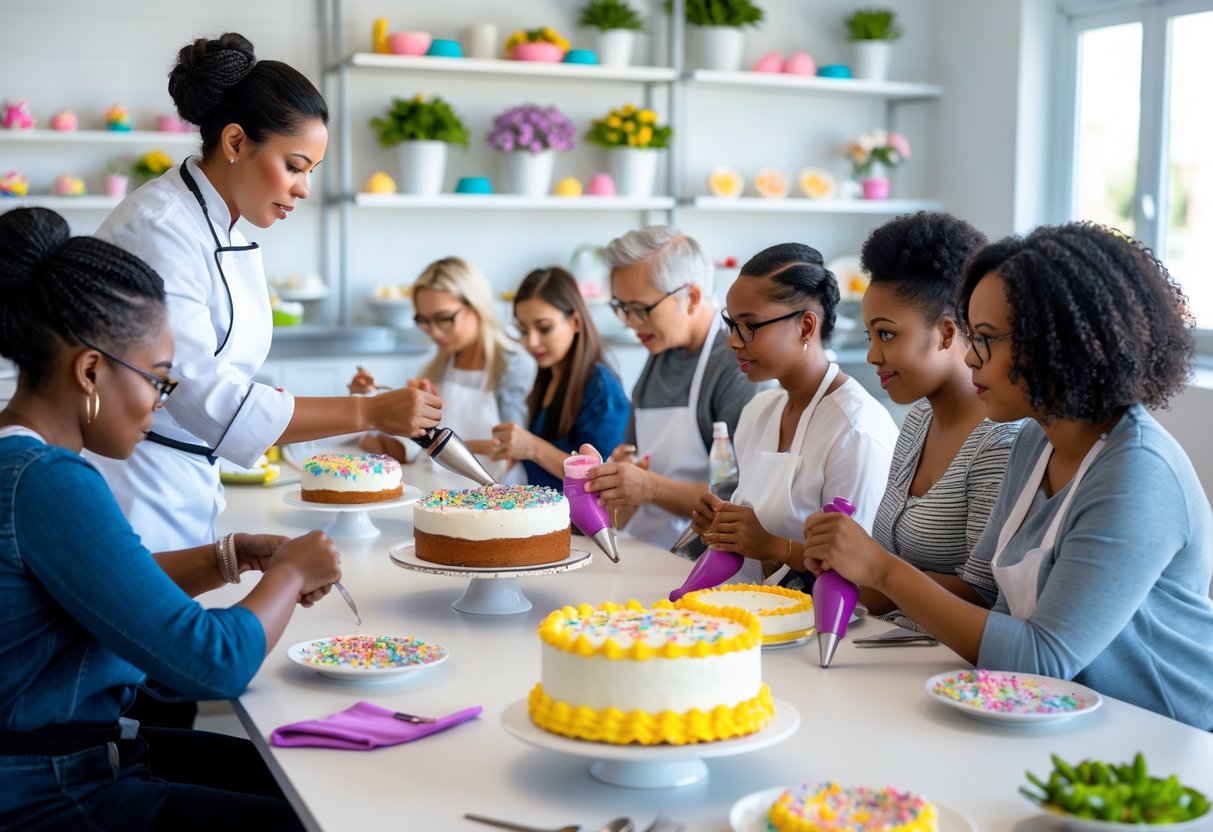 Adults learning cake decorating in a bright classroom with an instructor demonstrating techniques on a cake.