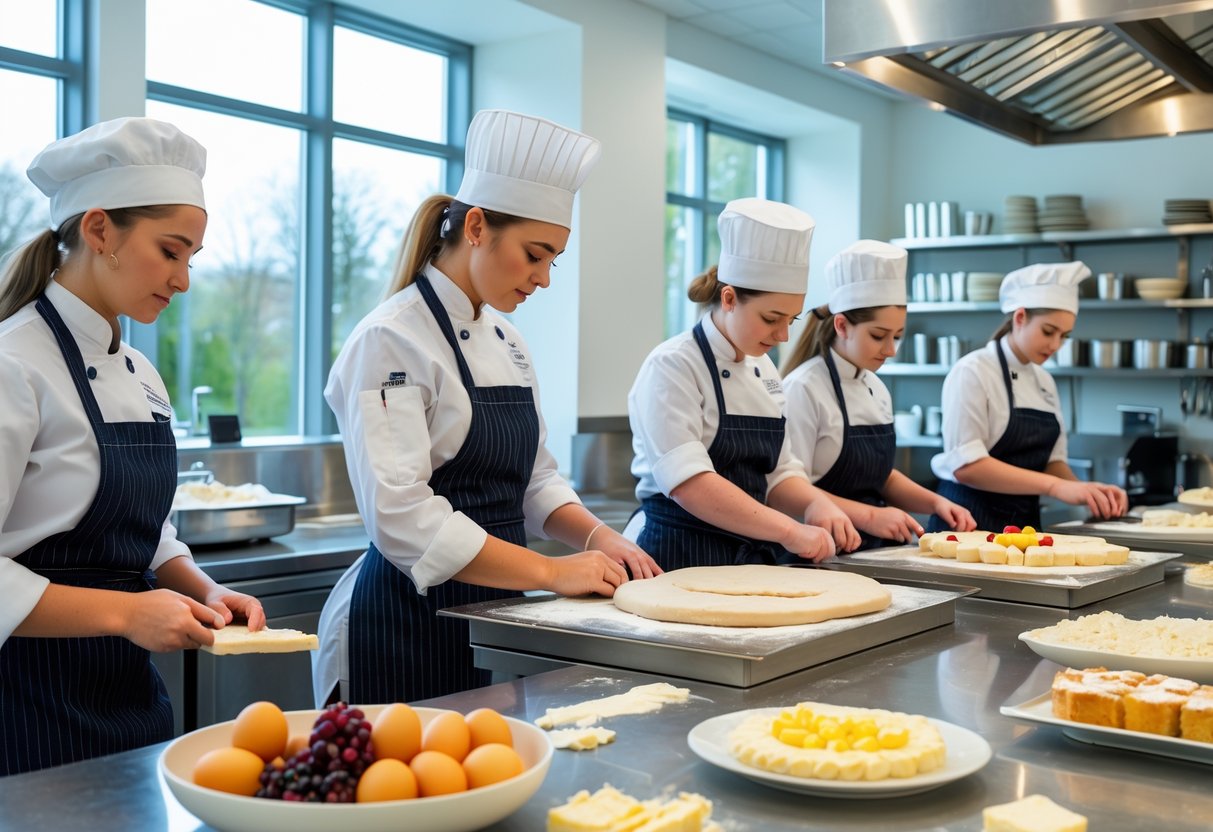 Students and instructor working together in a bright pastry kitchen with baking ingredients and tools.