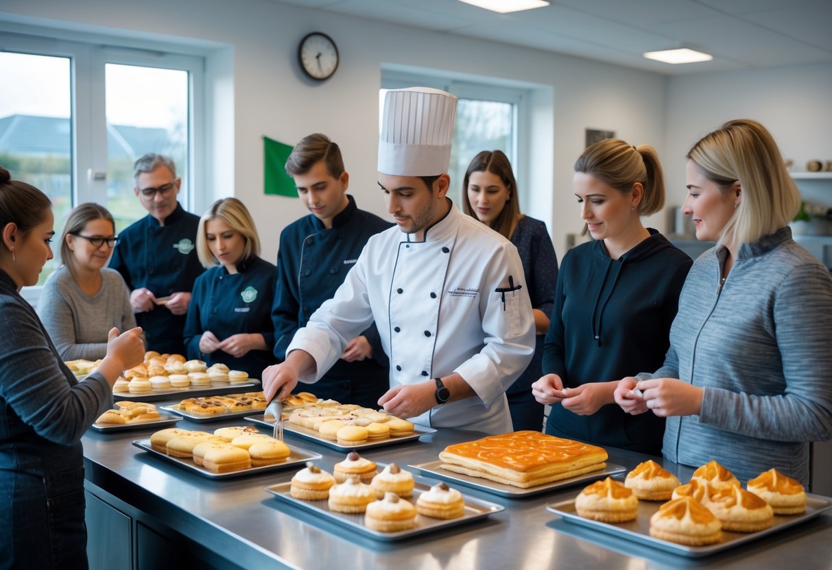 A pastry chef teaching a group of adult students how to decorate pastries in a bright classroom with natural light.