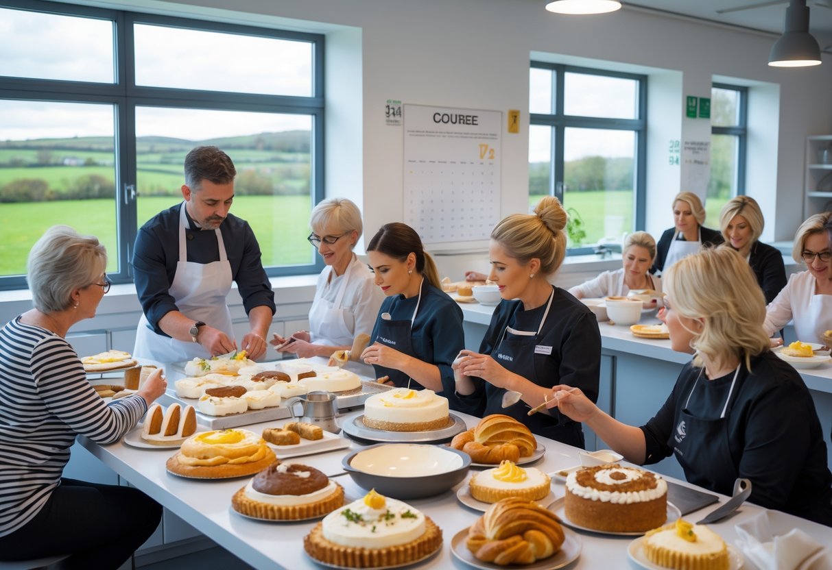 A pastry class with students learning baking techniques from an instructor in a bright kitchen with pastries and baking tools.