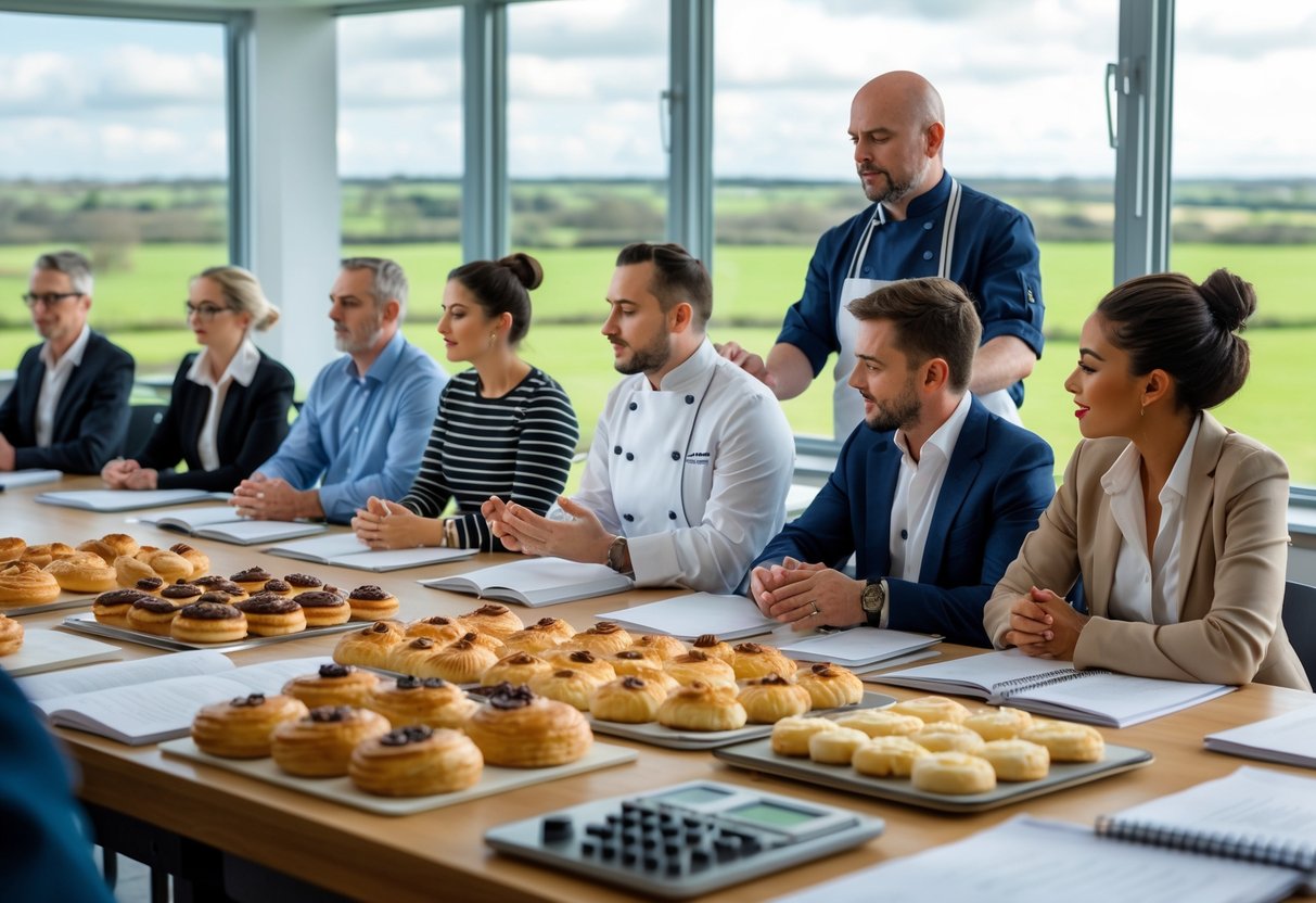 A pastry chef teaching a group of adult students in a bright classroom with baking tools and pastries on the table, with windows showing green fields outside.