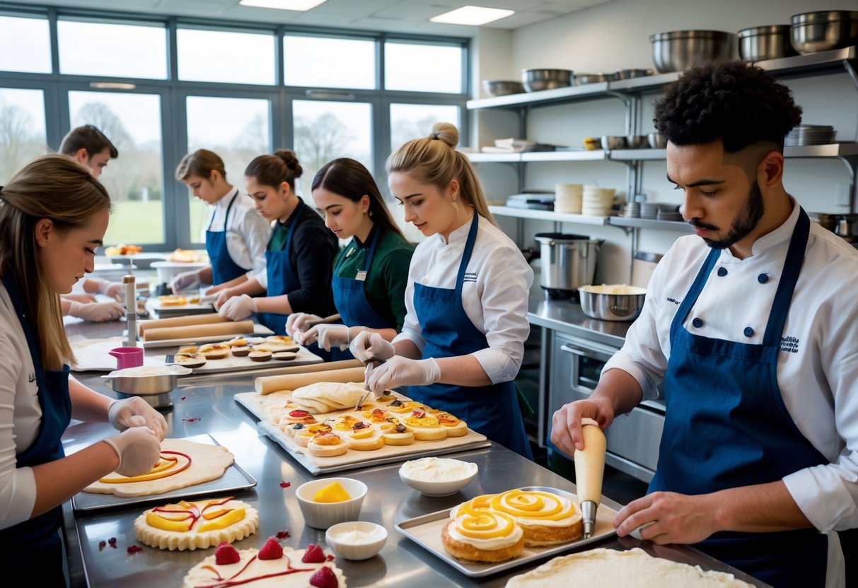 Students in a bright baking classroom preparing pastries with baking tools and ingredients on stainless steel workstations.