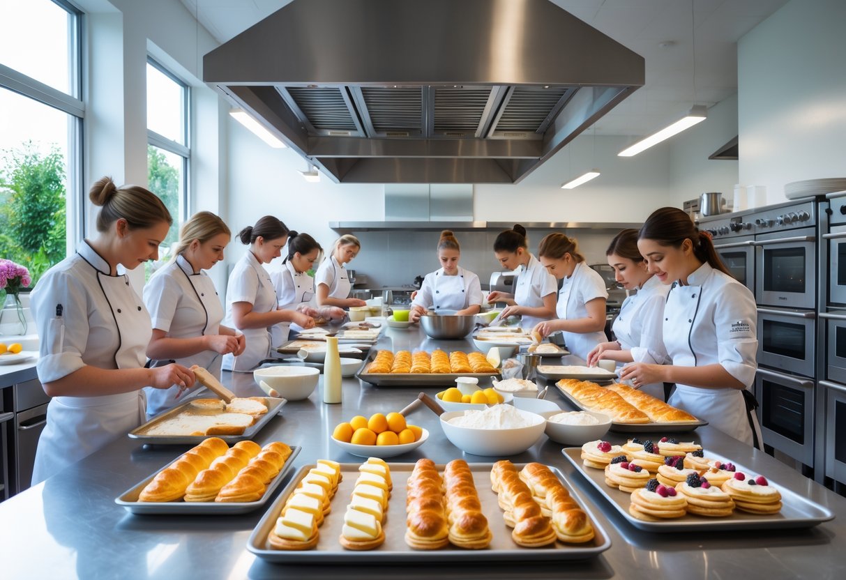 Students and chefs working together in a bright kitchen preparing various pastries like croissants and tarts.