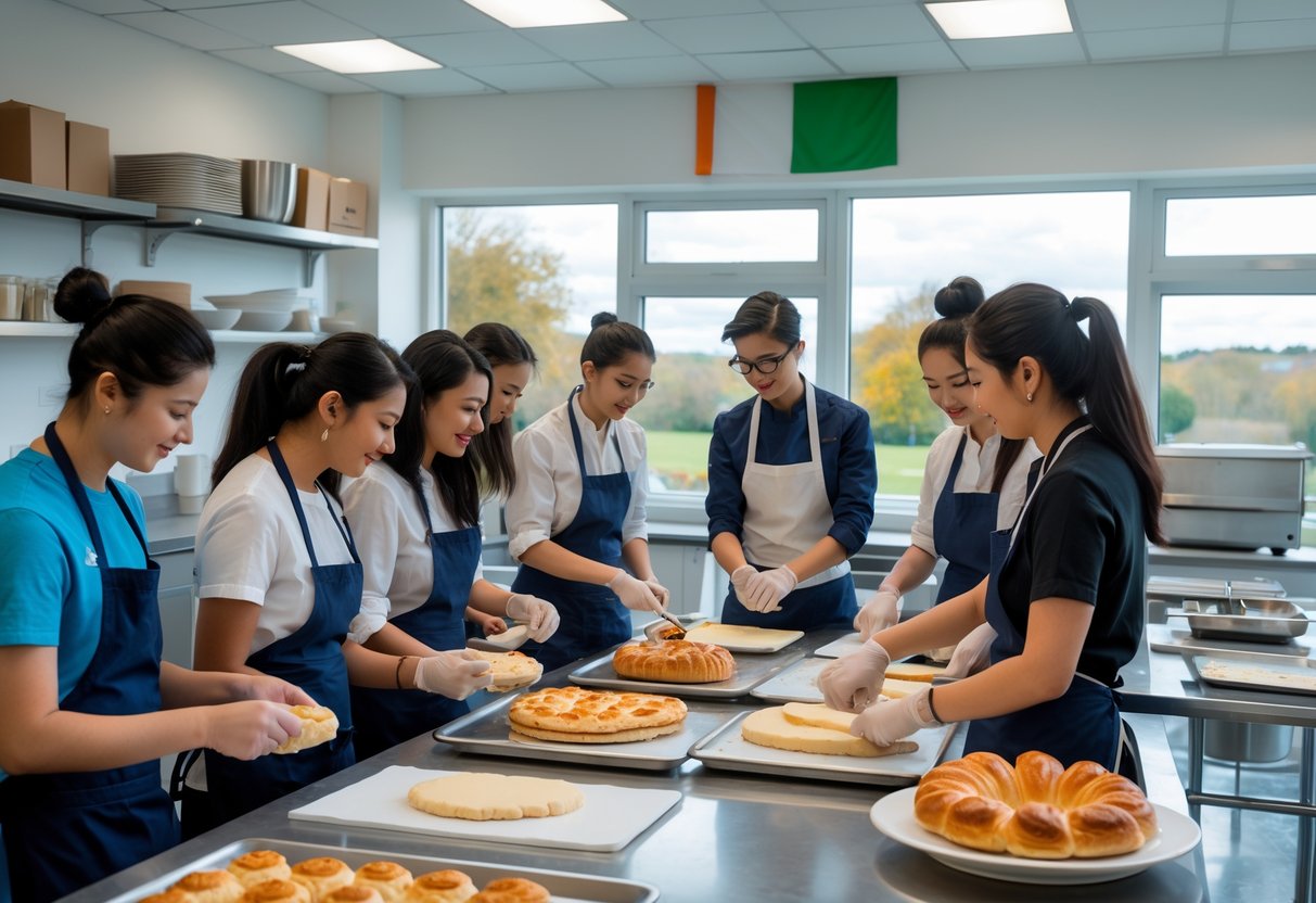 International students baking pastries in a bright classroom kitchen with an instructor guiding them.