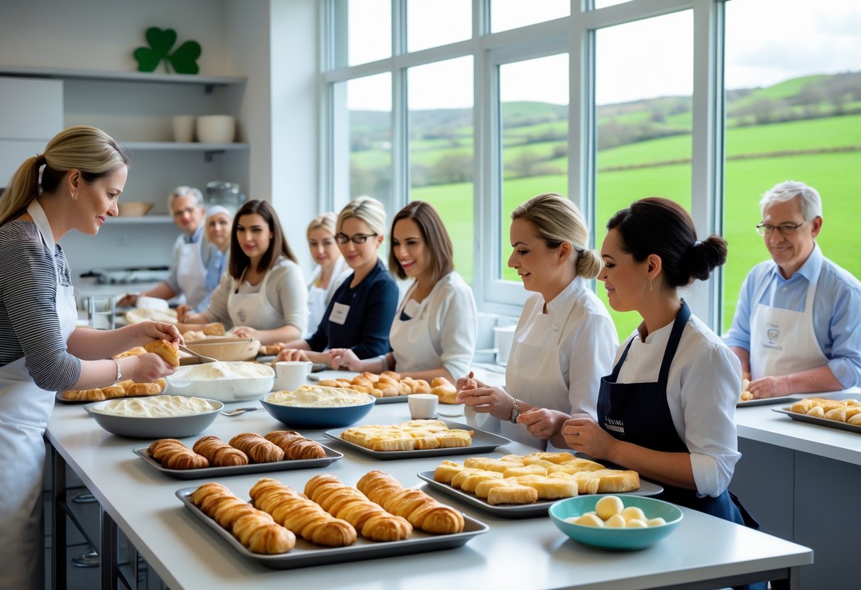 Adults learning pastry baking techniques in a bright kitchen classroom with an instructor demonstrating and students practicing, with trays of pastries and a window showing green hills.