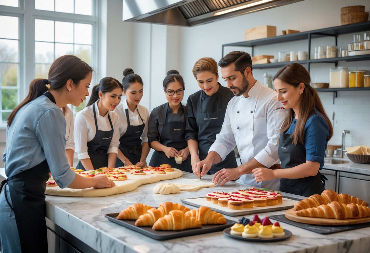 Students learning pastry baking from an instructor in a bright kitchen with pastries and baking tools.