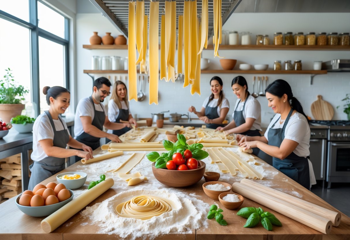 A group of people making pasta in a bright kitchen with a wooden table, pasta dough, rolling pins, and fresh ingredients.