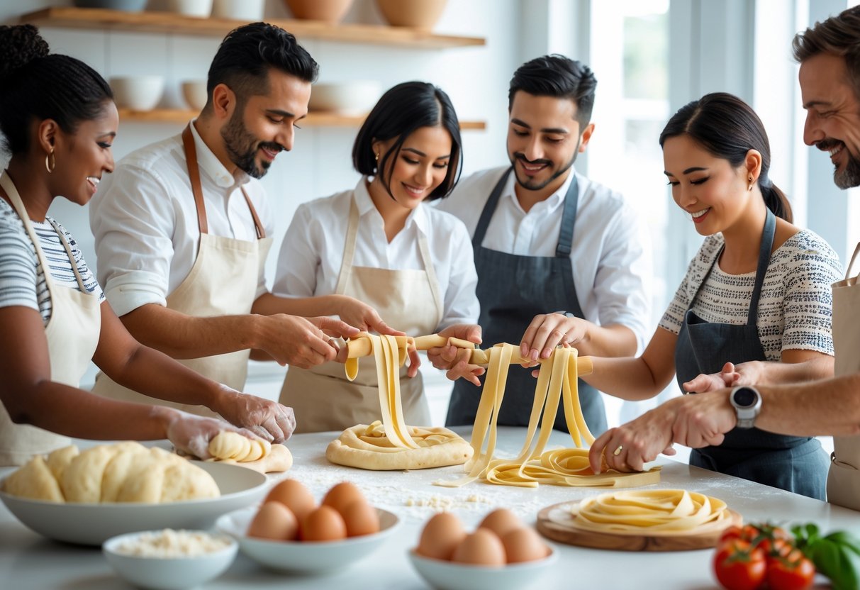 A group of workshop instructors demonstrating pasta making techniques in a bright kitchen with fresh ingredients and tools.