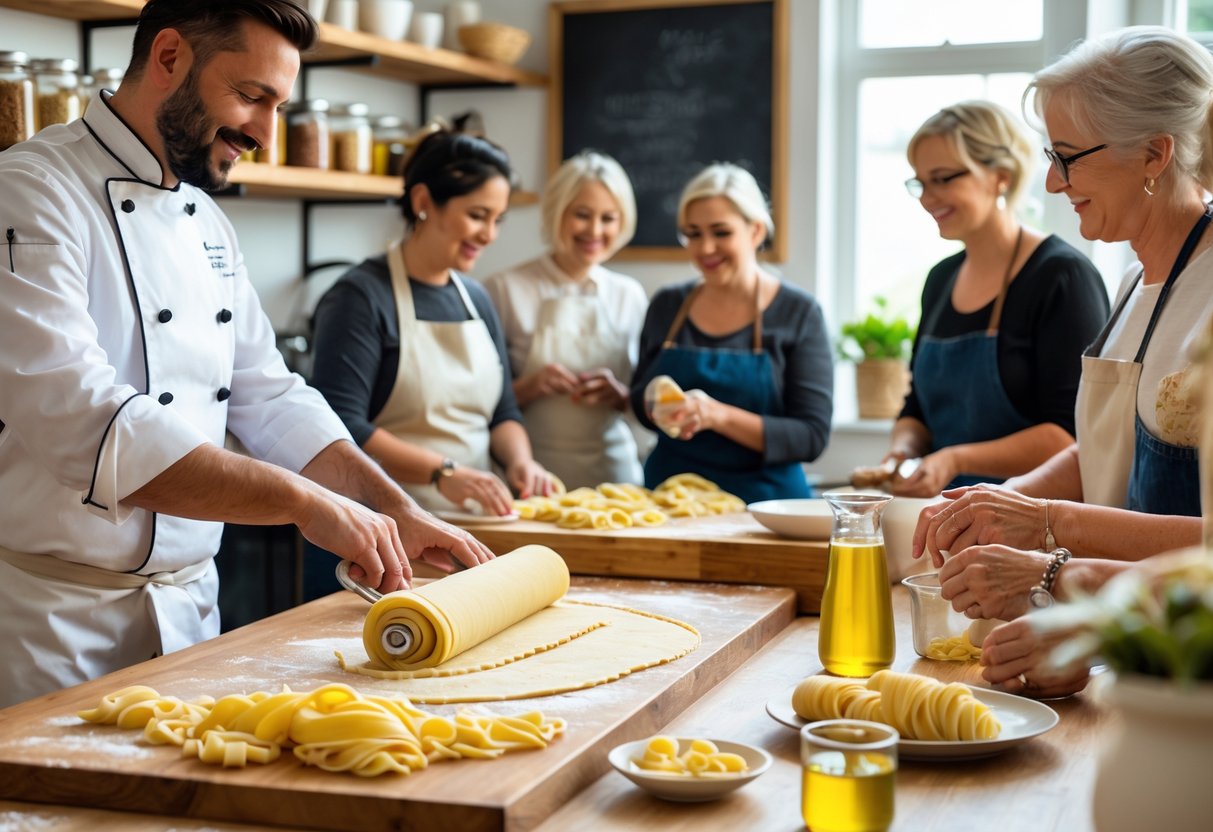 A chef demonstrates pasta making to a small group of adults in a bright kitchen workshop.
