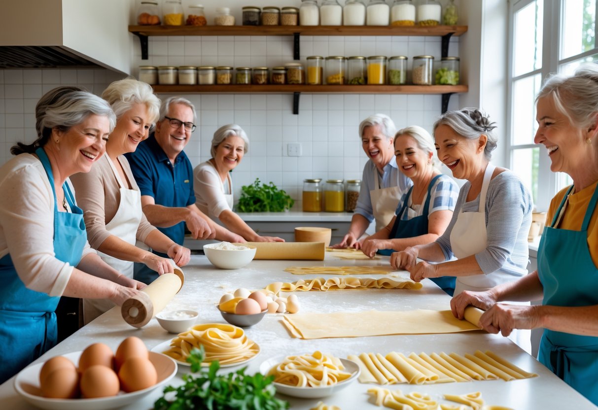 A group of adults making fresh pasta together in a bright kitchen with ingredients and tools on the countertop.