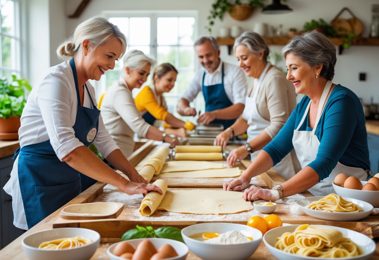 A group of adults making fresh pasta together in a bright kitchen, with an instructor guiding them.